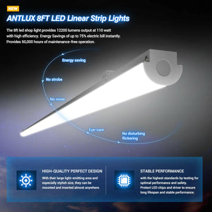 AntLux 8FT LED Shop Light, 110W [6-lamp F32 T8 Fluorescent Equiv.], 12000 Lumens 5000K, for Warehouse, Garage, Linkable, 8 Pack