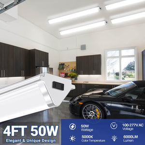 4FT Linkable LED Shop Light, 50W 6000LM, 5000K Daylight White, Hanging or Flush Mount, Triangle Lihting Fixture for Garage, Workshop, 4 Pack