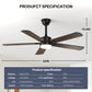 52'' 5 Blade LED Ceiling Fan Light, 30W, 220 - 2200 Lumen, 3000/4000/6500K Dimmable, with Remote Control, Timer Function, 1-6 Speed Adjustable