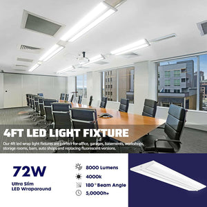 AntLux 4FT Flush Mount LED Ceiling Light, Ultra Slim, 72W 8000 Lumens 4000K/5000K, No Glare, Linkable, 4 Pack