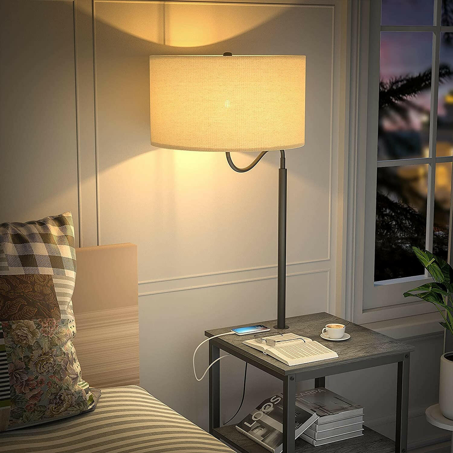 AntLux Floor Lamp with Table With Power Outlet USB Port for Living Room Bedroom Gray 2 Pack
