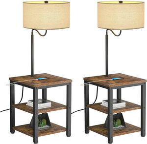 AntLux LED Floor Lamp with End Table - USB Charging Port, Power Outlet, Bedside Table with Shelves, Rustic Night Stand with Industrial Floor Light for Living Room, Bedroom, Edison Bulb, 2 Pack