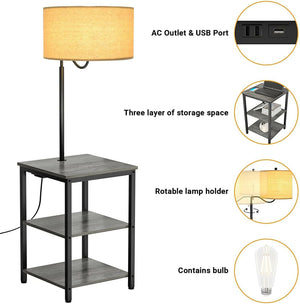 AntLux Floor Lamp with Table - With Power Outlet & USB Port, for Living Room, Bedroom, Gray, 2 Pack