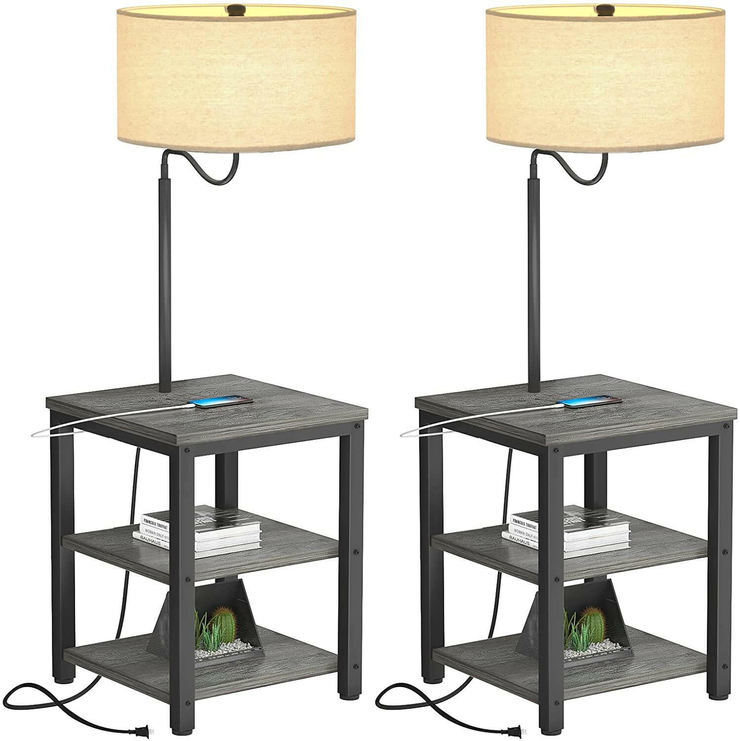 AntLux Floor Lamp with Side Table - USB Charging Port, Power Outlet, End Table and Lamp, Modern Bedside Nightstand with Industrial Floor Light for Living Room, Bedroom, Edison LED Bulb, Gray