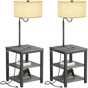 AntLux Floor Lamp with Side Table - USB Charging Port, Power Outlet, End Table and Lamp, Modern Bedside Nightstand with Industrial Floor Light for Living Room, Bedroom, Edison LED Bulb, Gray